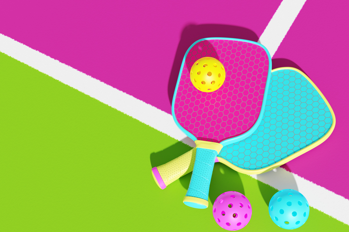 Pickleball. Two rackets on a sports court. 3d rendering
